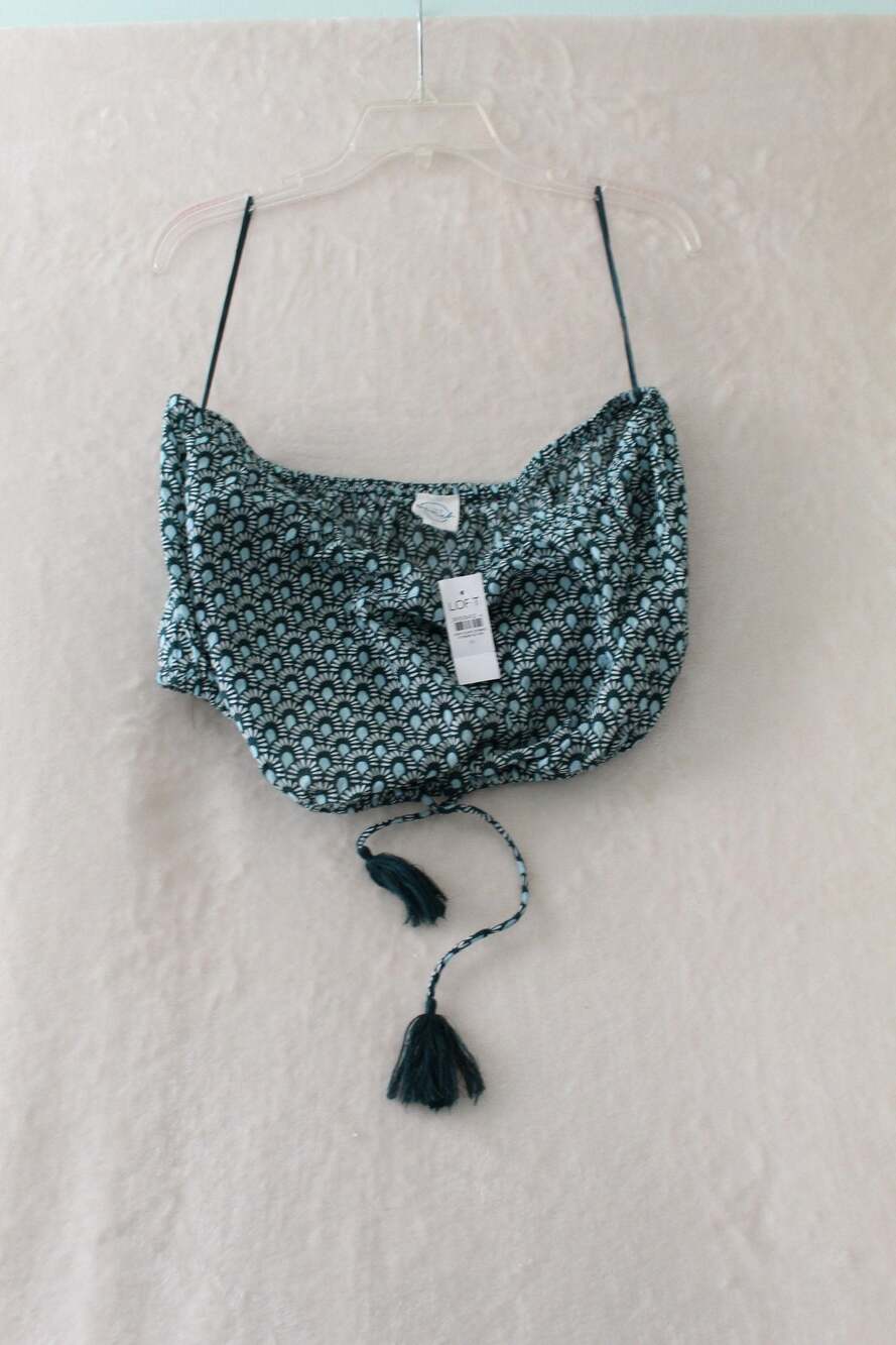 LOFT Beach Size M Blue Patterned Tassel Crop Tube Top